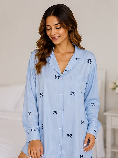 Women’s Light Blue Bow Print Full Sleeve Button Front Sleep Shirt Nightwear